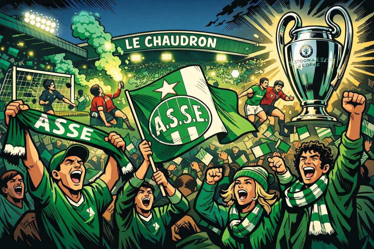 Supporters de l’ASSE brandissant des drapeaux verts dans le Chaudron